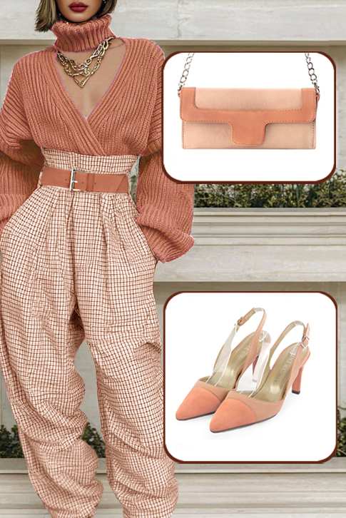 Women's peach elegant slingback heels. Tapered toe. High slim heel - Worn view
